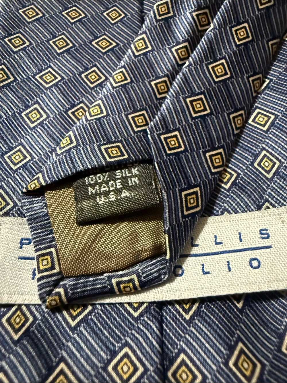 Perry Ellis Navy Blue Geometric Silk Tie with Gold Accents